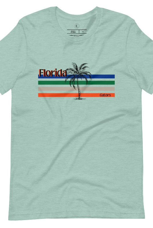 Celebrate your love for the Florida Gators with our modern-inspired retro t-shirt. It captures the essence of campus life, featuring school colors in lines and a palm tree motif on a heather prism dusty blue shirt. 