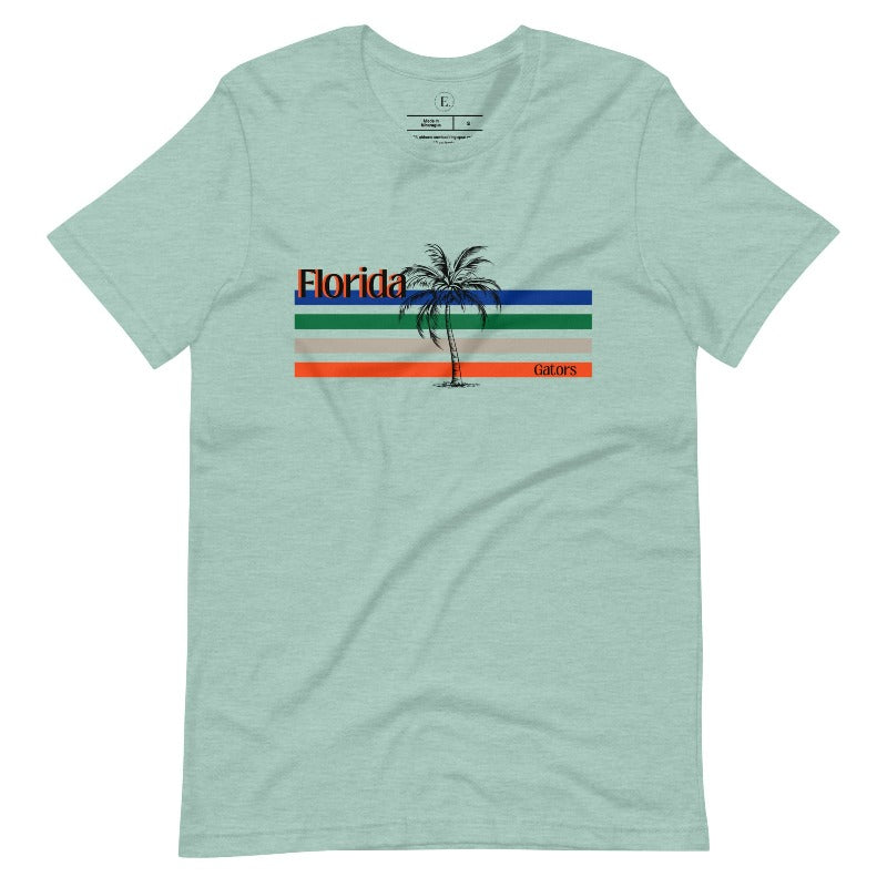 Celebrate your love for the Florida Gators with our modern-inspired retro t-shirt. It captures the essence of campus life, featuring school colors in lines and a palm tree motif on a heather prism dusty blue shirt. 
