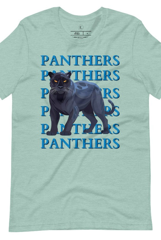 Show your Panthers pride with our Bella Canvas 3001 unisex graphic t-shirt featuring the dynamic 'Panthers Panthers Panthers Panthers' design, complete with a fierce black panther illustration on a heather prism dusty blue shirt.