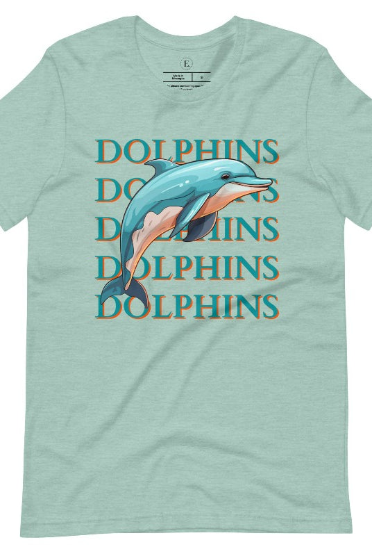 Introducing the Bella Canvas 3001 unisex graphic t-shirt that will make a splash! Dive into style with our Dolphins Dolphins Dolphins Dolphins tee, featuring a playful illustration of a dolphin for the Miami Dolphins football team on a heather prism dusty blue shirt. 