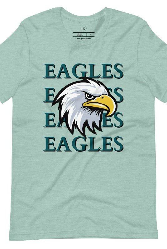 Get ready to soar high with our Bella Canvas 3001 unisex graphic t-shirt! Show your love for the Philadelphia Eagles NFL football team with our "Eagles Eagles Eagles Eagles" tee featuring a majestic American Eagle illustration on a heather prism dusty blue shirt. 