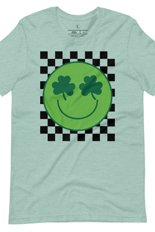 Get in the Saint Patrick's Day spirit with our Bella Canvas 3001 unisex graphic t-shirt! This unique design features a retro green smiley face with shamrock eyes, perfect for those seeking a festive and nostalgic look on a heather prism dusty blue shirt. 