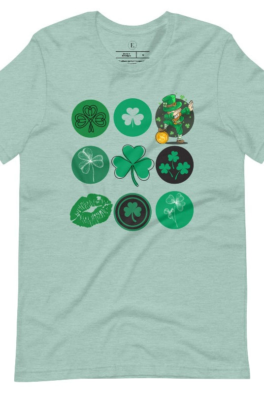 Celebrate Saint Patrick's Day in style with our Bella Canvas 3001 unisex graphic t-shirt! Get ready for the luckiest day of the year with our festive design featuring 3 rows of 3 vibrant and whimsical Saint Patrick's Day images on a heather prism dusty blue shirt. 
