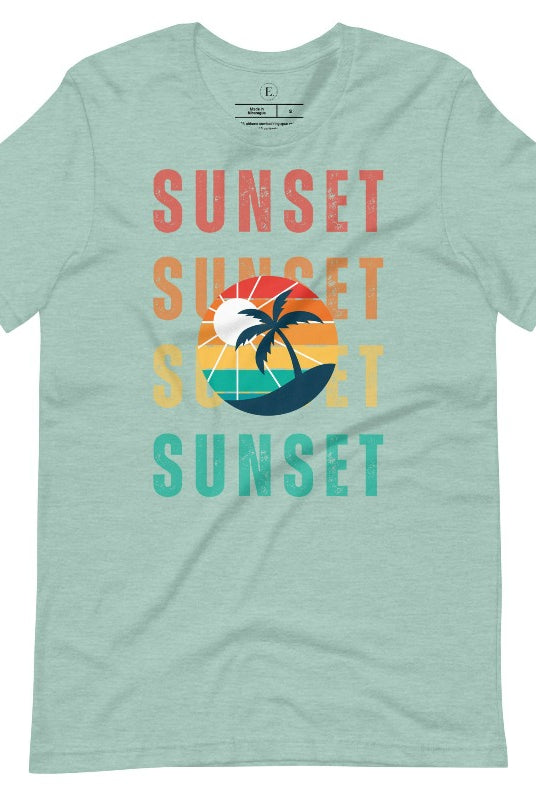 Capture the essence of tropical paradise with our Sunset t-shirt. This shirt features four rows of the word 'sunset' surrounding a stunning palm tree, bringing a laid-back, beachy vibe to your wardrobe with this heather prism dusty blue shirt. 