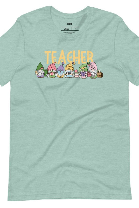 Mint teacher graphic tee featuring adorable teacher gnomes and the word 'teacher' - perfect for teacher shirts and teacher gifts. Mint graphic Tees.