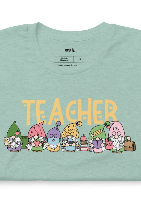 Mint teacher graphic tee featuring adorable teacher gnomes and the word 'teacher' - perfect for teacher shirts and teacher gifts. Mint graphic Tees.