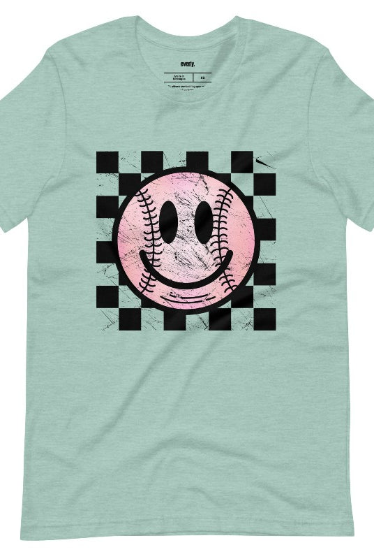 Retro softball smiley face on a heather prism mint graphic tee.