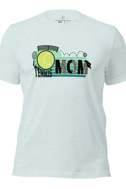 Serve up style and support with our chic tennis mom shirt. Designed for moms cheering on their tennis prodigies on a heather prism ice blue shirt. 