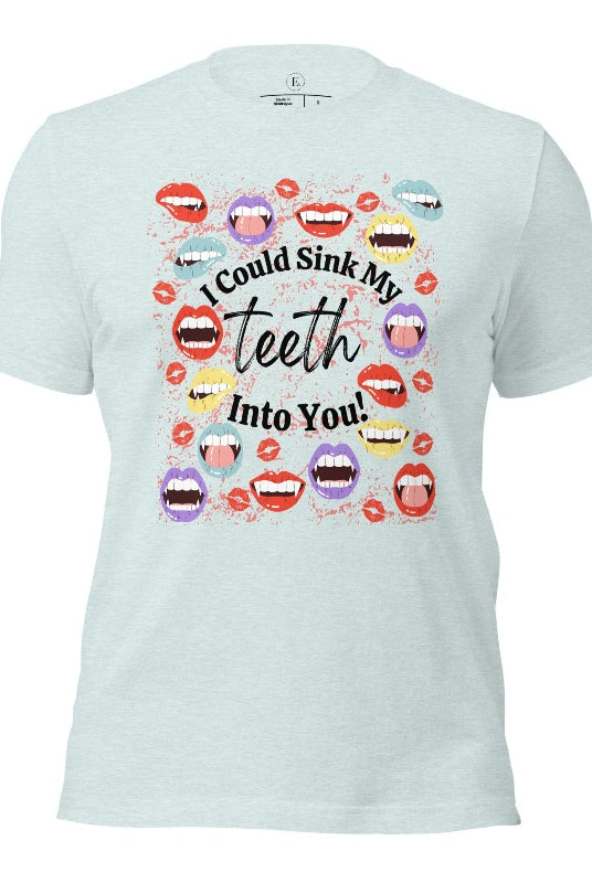 Sink your teeth into Halloween style with our vampire lips shirt. Adorned with a collection of seductive vampire lips, this shirt mesmerizes with its allure. The cheeky message, 'I could sink my teeth into you,' adds a playful twist on a heather prism ice blue shirt. 