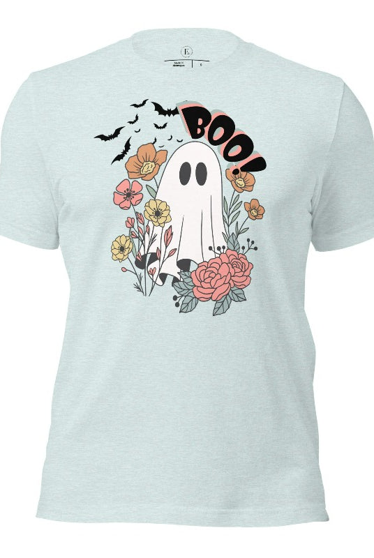 Get ready for Halloween with our cute and spooky ghost-themed shirt! Featuring a whimsical design with a cute ghost, flowers, and bats in a starry sky, it's the perfect blend of spooky and sweet on a heather prism ice blue shirt. 