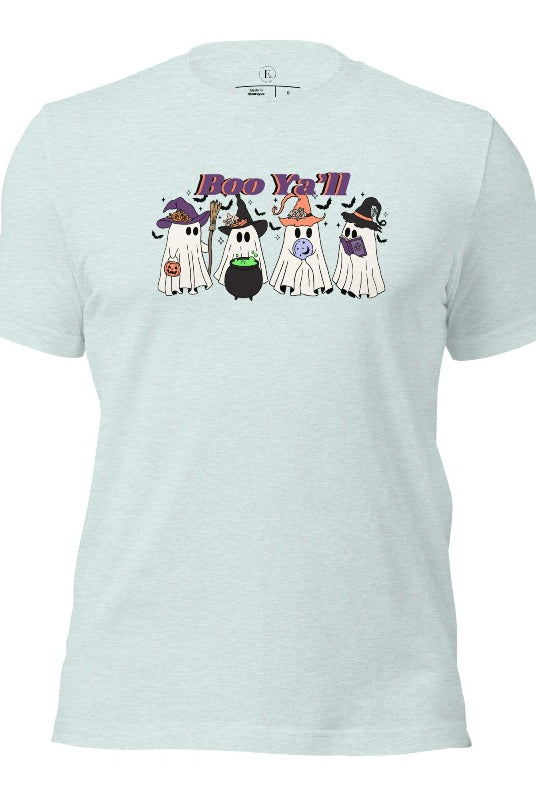 Embrace the spirit of Halloween with our spooktacular shirt. Join a mischievous gang of ghostly trick-or-treaters as they spread frightening fun. Featuring a playful 'Boo Ya'll' message, on a heather prism ice blue shirt. 