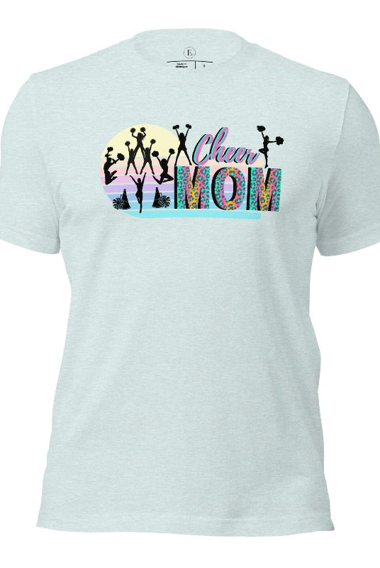 Get your cheer on with our stylish cheer mom shirt. Perfect for proud moms supporting their cheering stars. Made with love, this shirt combines comfort and fashion, letting you show off your team spirit. Join the cheer squad and cheer your heart out in style on a heather prism ice blue shirt. 