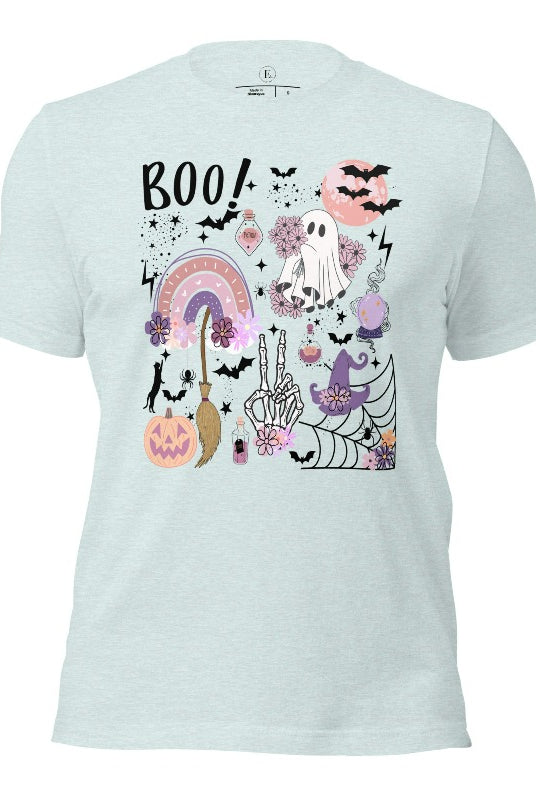 Experience the essence of Halloween with our bewitching shirt. Immerse yourself in a tapestry of Halloween symbols, from pumpkins to bats and witches, and all centered around the timeless exclamation, 'Boo!' This captivating design embodies the spirit of the season, on a heather prism ice blue shirt. 