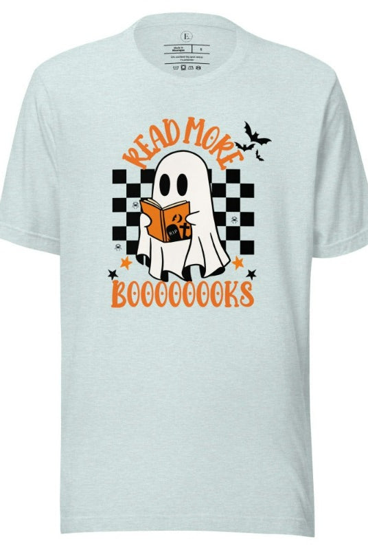 Read More Booooks is a ghost reading a book in front of a checkered background on a heather prism ice blue colored shirt.