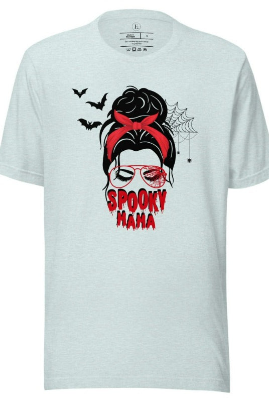 "Spooky Mama" messy bun Halloween T-shirt on heather prism ice blue colored t-shirt.