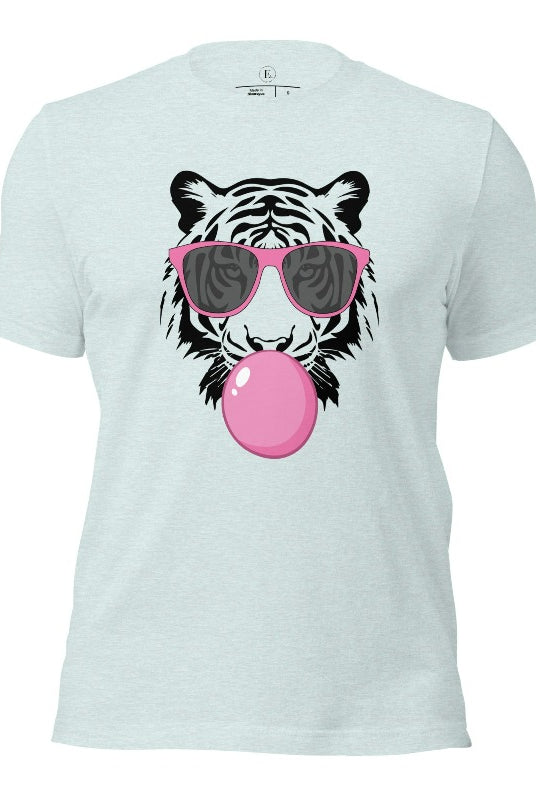 Bubble blowing tiger wearing pink sunglasses on a heather prism ice blue colored shirt. 