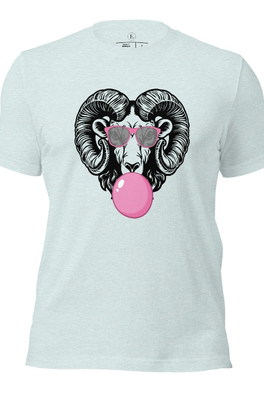 A ram blowing bubble gum with sunglasses on on a heather prism ice blue colored shirt.