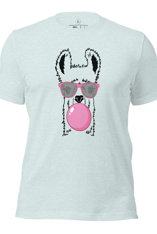 Llama wearing pink sunglasses blowing a bubble gum bubble on a heather prism ice blue colored shirt.