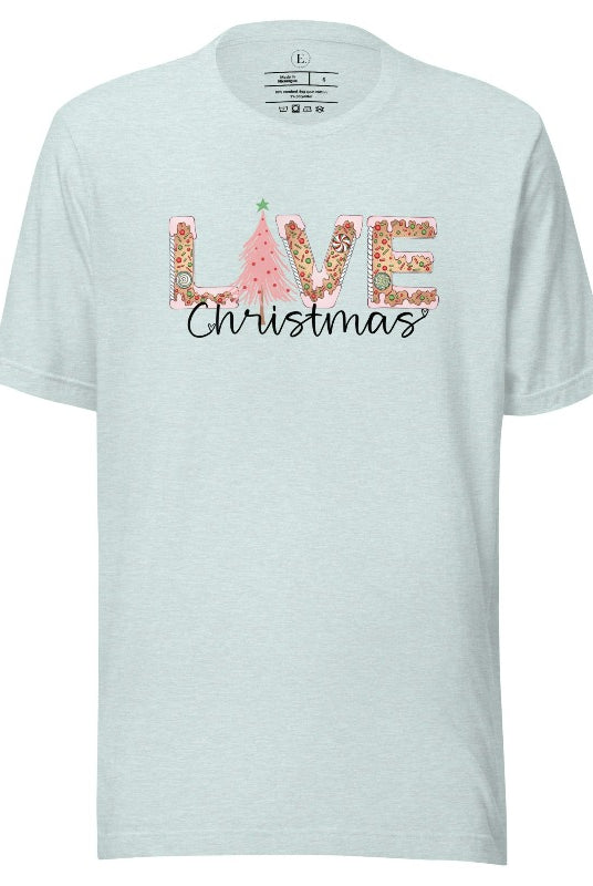 Get ready to celebrate the holiday season in style with our Christmas shirt featuring cute gingerbread cookies arranged to spell out the word "Love" on a heather prism ice blue colored shirt.