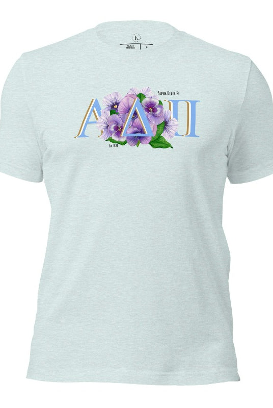 Show your Alpha Delta Pi pride with our stylish t-shirt featuring the sorority letters and the iconic violet, their symbolic flower on a heather prism ice blue shirt. 
