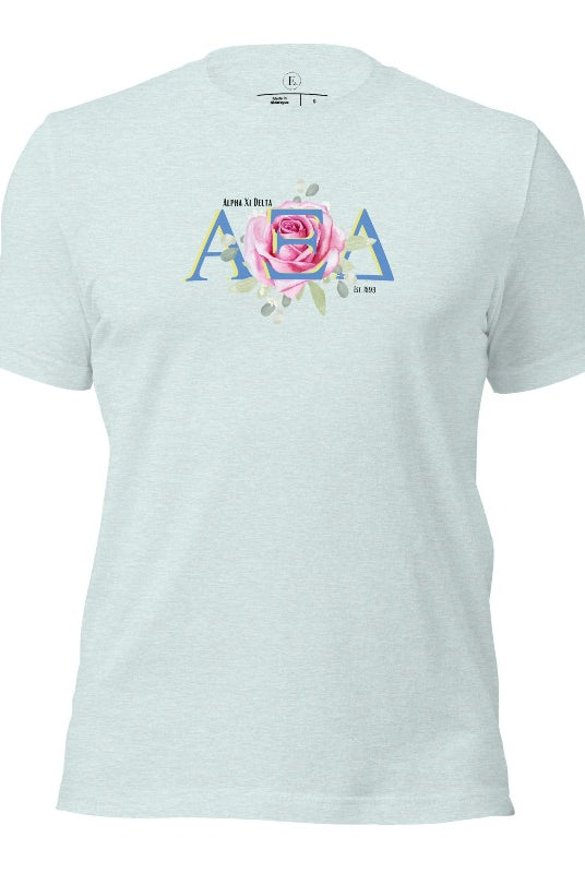 Show your Alpha Xi Delta pride with our stylish t-shirt featuring the sorority's letters and iconic pink rose on a heather prism ice blue shirt. 