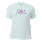 Show your Alpha Xi Delta pride with our stylish t-shirt featuring the sorority's letters and iconic pink rose on a heather prism ice blue shirt. 