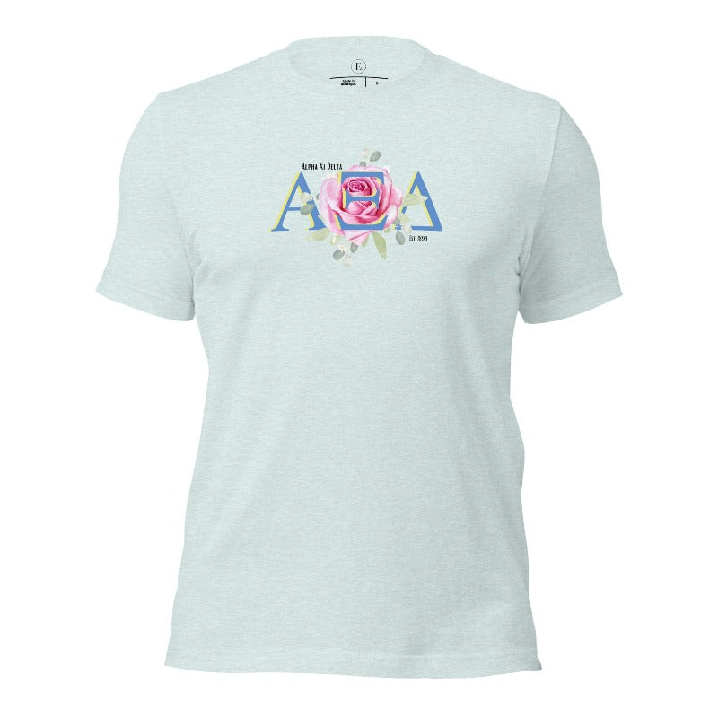 Show your Alpha Xi Delta pride with our stylish t-shirt featuring the sorority's letters and iconic pink rose on a heather prism ice blue shirt. 