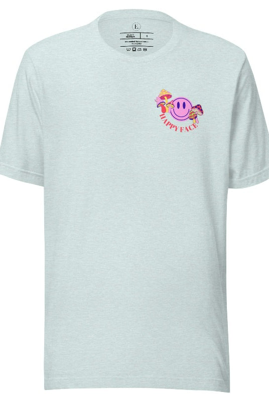 Spread positivity with our delightful t-shirt. The design features a happy face with mushrooms on the side and the words 'Happy Face' on the front pocket on a heather prism ice blue shirt. 