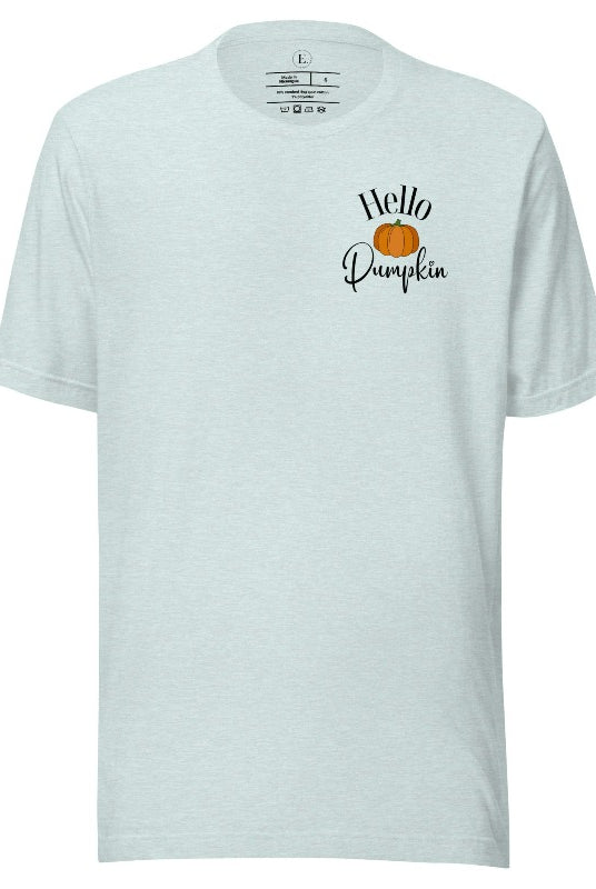 Say hello to autumn with our adorable t-shirt. It features a pumpkin on the front pocket and the playful phrase 'Hello Pumpkin,' this design captures the spirit of the season on a heather prism ice blue colored shirt. 
