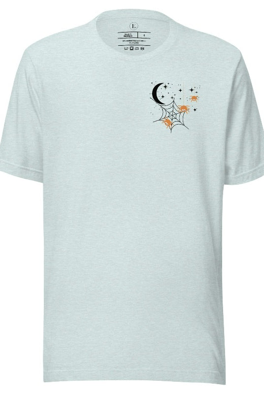 Embrace the enchanting night sky with our captivating t-shirt. Featuring a crescent moon, stars, and a spiderweb with three adorable spiders hanging down on the front pocket on a heather prism ice blue shirt. 