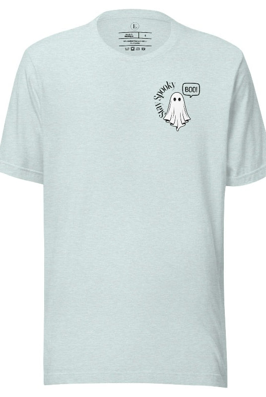 Get into the Halloween spirit with our spooktacular t-shirt. Featuring a friendly ghost holding a sign that says 'Boo' and the playful phrase "Stay Spooky" on a heather prism ice blue shirt. 