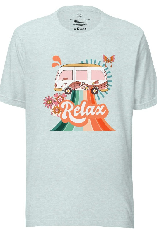 Add a touch of retro charm to your wardrobe with our pastel retro van shirt. Featuring a delightful vintage van design in soft pastel colors, this shirt exudes a whimsical and nostalgic vibe on a heather prism ice blue shirt. 