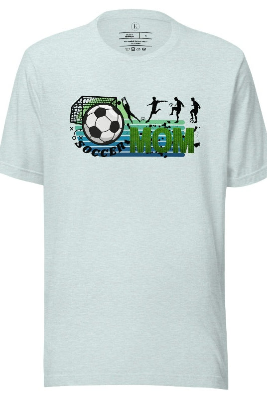 Support your soccer star on and off the field with our Soccer Mom t-shirt. Crafted with soft, breathable fabric, this shirt ensures comfort all day long. It's trendy design showcases your love for the game and your role as a proud soccer mom on a heather prism ice blue shirt. 