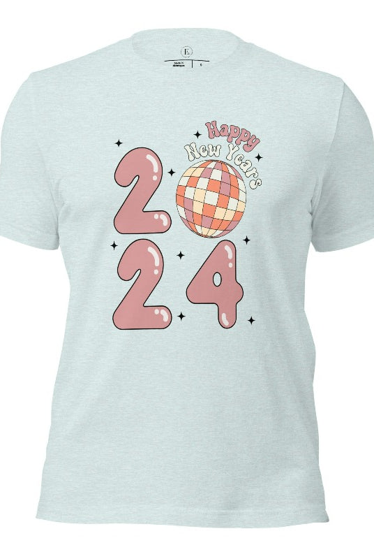 Step into the new year in dazzling style with our 'Happy New Year 2024' shirt. Featuring a shimmering disco ball as the '0' this eye catching design exudes festivity and fun on a heather prism ice blue shirt. 