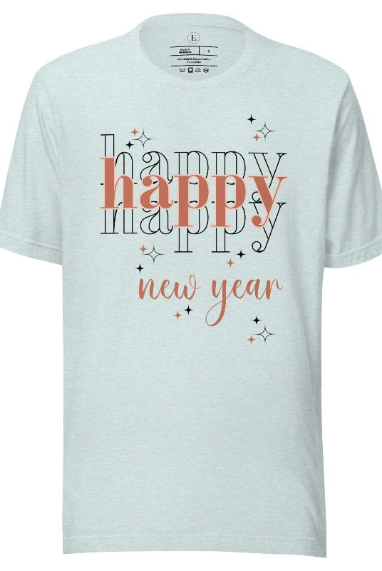 Celebrate in style with our 'Happy Happy Happy New Year' shirt. Embrace the joy of the season with this vibrant design, perfect for ringing in the new year. Crafted with comfort in mind and bursting with festive cheer, on a heather prism ice blue shirt. 