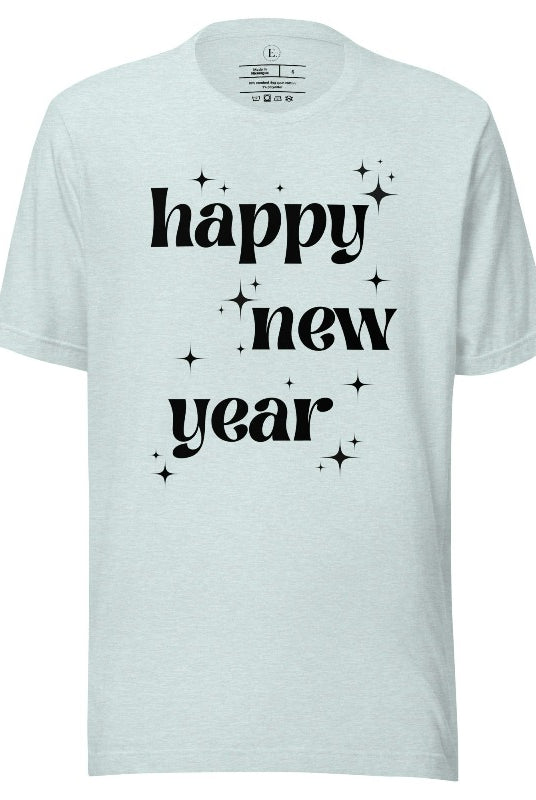 Ring in the New Year with our stunning Happy New Year shirt featuring captivating modern star designs on a heather prism ice blue shirt. 