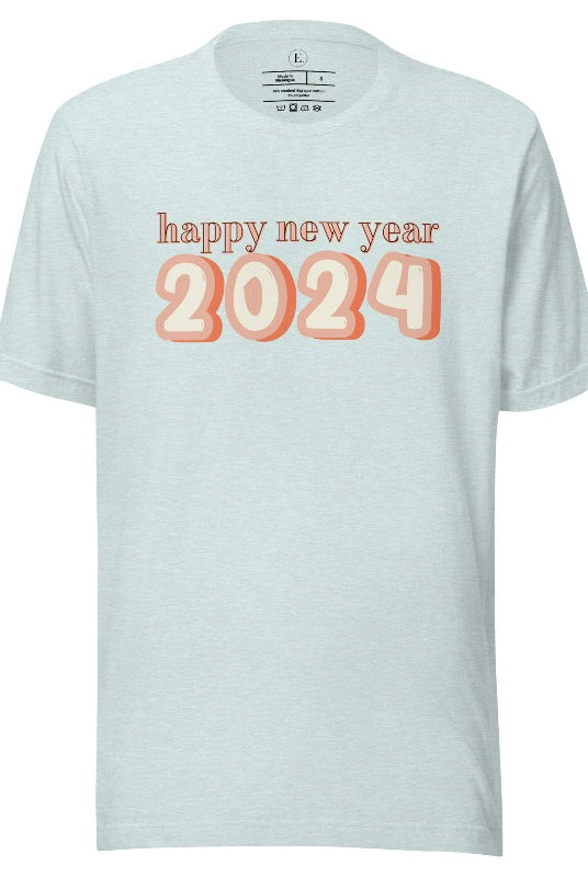 Welcome 2024 in style with our exclusive Happy New Year shirt design! Featuring vibrant graphics and festive typography, this high- quality on a heather prism ice blue shirt. 