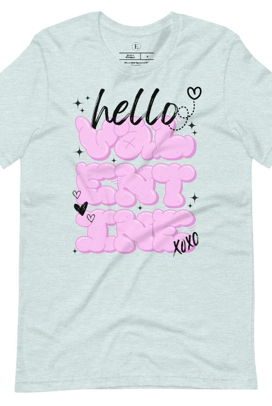 Make a bold statement this Valentine's Day with our street-style graffiti tee! Featuring "Hello Valentine" In eye-catching bubble lettering, on a heather prism ice blue shirt. 