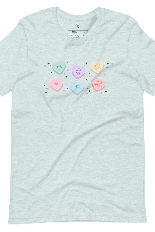 Embrace a humorous take on Valentine's Day with our shirt featuring candy hearts with unconventional messages like "Gross," "Not a Chance," "Next," "Truly Never," "Meh," "Not a Chance," and "Let's Not" on a heather prism ice blue shirt. 