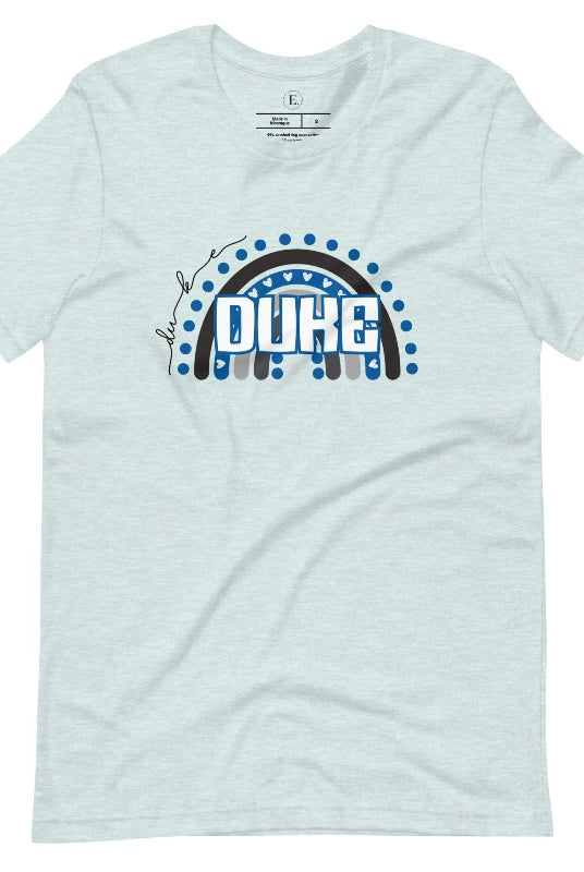 Celebrate diversity and show your support for Duke University with our eye-catching college t-shirt. Our shirt features the Duke colors on a captivating rainbow design, embodying the spirit of inclusion and unity with the iconic Duke wordmark atop the rainbow on a heather prism ice blue shirt. 