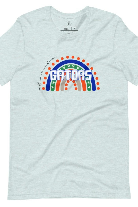 Show off your UF spirit in style with this boho-inspired t-shirt from the University of Florida. The UF colors stands out on this vibrant rainbow background, displaying the school's mascot name in a trendy and unique way on a heather prism ice blue shirt. 