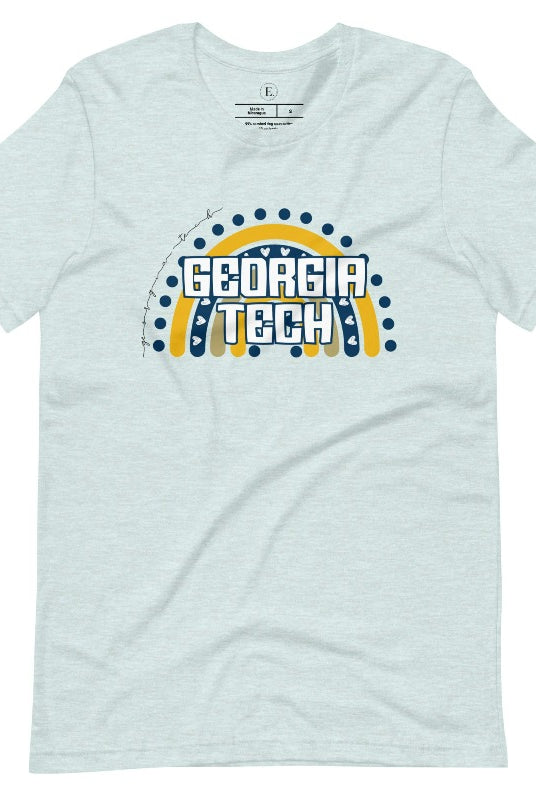 Elevate your Georgia Tech pride with this boho-inspired university t-shirt. The Georgia Tech colors shine through on a vibrant rainbow background, showcasing the school's name in a trendy and unique way on a heather prism ice blue shirt. 
