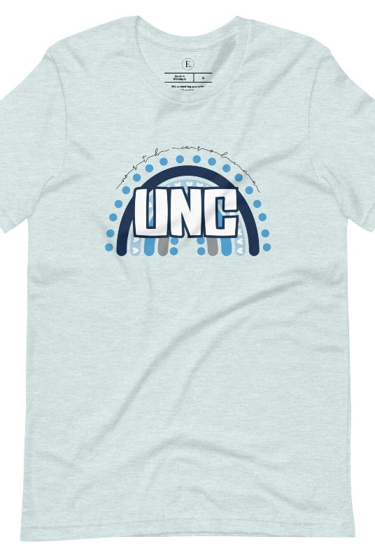 Check out this eye-catching t-shirt designed, featuring the iconic UNC letters set against a vibrant rainbow backdrop. Not only does it let you show off your school spirit, it also sends a trendy and powerful school spirit vibe on an heather prism ice blue shirt. 