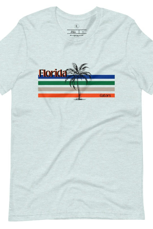 Celebrate your love for the Florida Gators with our modern-inspired retro t-shirt. It captures the essence of campus life, featuring school colors in lines and a palm tree motif on an ice blue shirt. 