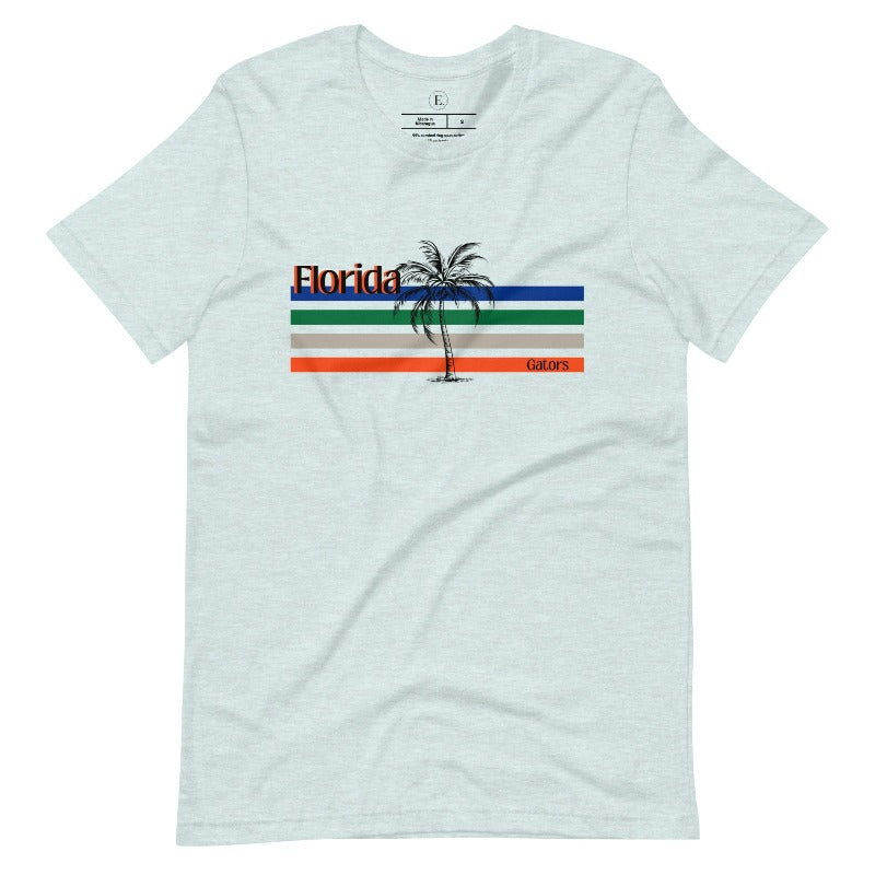 Celebrate your love for the Florida Gators with our modern-inspired retro t-shirt. It captures the essence of campus life, featuring school colors in lines and a palm tree motif on an ice blue shirt. 