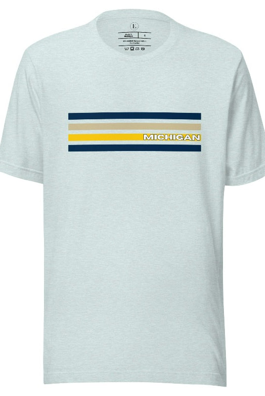 Revive retro collegiate fashion with our Michigan graphic tee. Bosting classic school colors and minimalist design, this men's shirt features distinctive chest stripes with "Michigan" in bold block lettering on a heather prism ice blue shirt. 