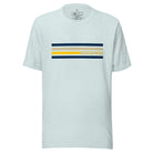 Revive retro collegiate fashion with our Michigan graphic tee. Bosting classic school colors and minimalist design, this men's shirt features distinctive chest stripes with "Michigan" in bold block lettering on a heather prism ice blue shirt. 