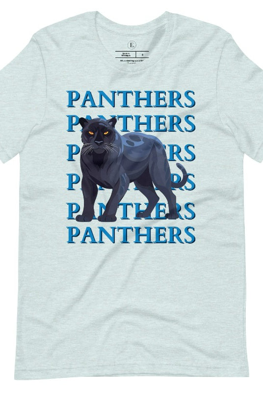 Show your Panthers pride with our Bella Canvas 3001 unisex graphic t-shirt featuring the dynamic 'Panthers Panthers Panthers Panthers' design, complete with a fierce black panther illustration on a heather prism ice blue shirt. 