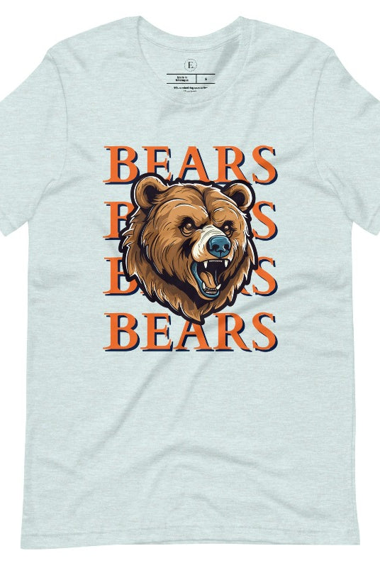 Roar into the game day spirit with our Bella Canvas 3001 unisex graphic tee! Unleash your love for the Chicago Bears with our exclusive design featuring a fierce bear illustration and the spirited mantra "Bears Bears Bears Bears" on a heather prism ice blue shirt. 