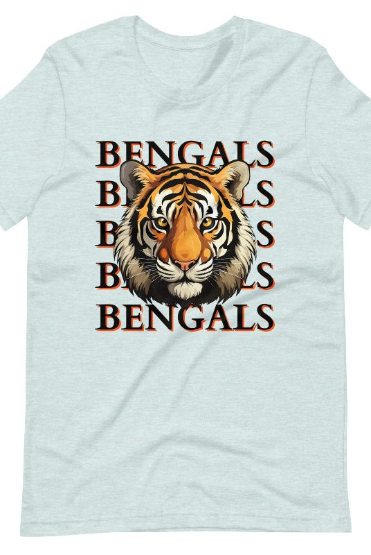 Our exclusive design features a fierce Siberian tiger face and the spirited mantra "Bengals Bengals Bengals Bengals." Unleash your inner roar with our comfortable Bella Canvas 3001 unisex graphic tee and show your stripes as a Cincinnati Bengals fan on a heather prism ice blue shirt. 